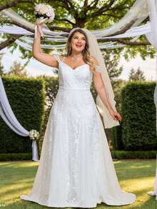 EVERPRETTY Váy cưới đính cườm thêu dây mảnh cỡ lớn thanh lịch cho đám cưới bãi biển trong vườn, cô dâu - trắng - Xem 9