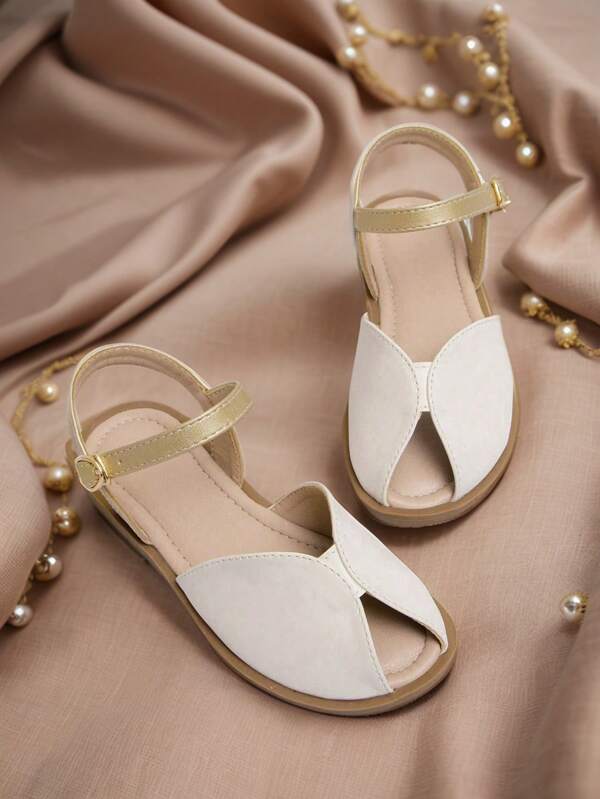 1 Pair Girl's PU Simple Comfortable Versatile Peep-Toe Princess Flat Sandals, Suitable For Summer Daily Wear, Weddings, Stage