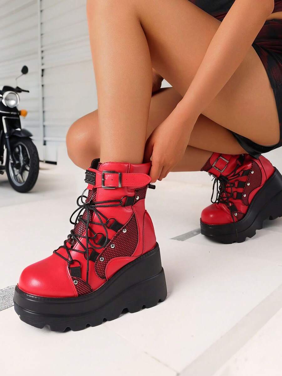 Gothic Women's Boots Punk Rivet Lace Wedge Heel Shoes Motorcycle Fight Style Comfortable Short Boots Christmas Shoes - Đỏ - Xem 1