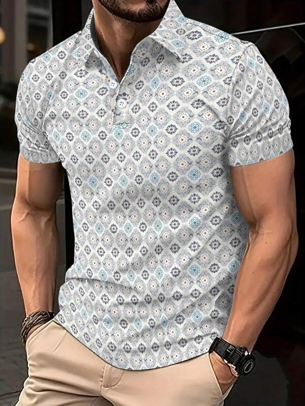 Camiseta informal de manga corta con cuello polo, impresa y transpirable, adecuada para actividades al aire libre de verano, playas y salidas - Ajuste regular, cuello semi-abierto, ligera 180g/㎡