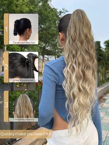 Claw Ponytail Extension Hair Long Wavy Bouncy Curls Brown With Golden Color 24 Inch Heat Resistant - Brown Ombre - View 4