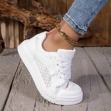 Pantofi sport casual mici pentru femei, albi, cu talpă moale și șireturi, matlasați, cu talpă joasă, confortabili și respirabili - alb - Vizualizare 6