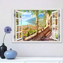 1pc 3D Natural Lake Scenery Fake Window Wall Sticker, Snowy Mountain Lake And Stream Outdoor View Wall Decal For Living Room, Bedroom, Dining Room, Removable And Reusable Wall Art, 29.53 Inch * 19.69 Inch Room Decor Home Decor Stickers Wall Decor Wall Stickers