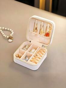 1pc Travel Jewelry Box, Small PU Leather Jewelry Organizer Suitable For Women & Girls, Double-Layer Portable Mini Travel Case For Storing Earrings, Rings, Necklaces