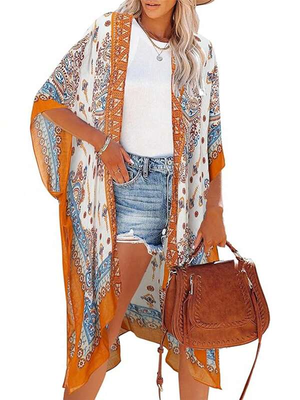 Beautiful Nomad Women's Vacation Kimono Cover Up With Cashew Print & Batwing Sleeves