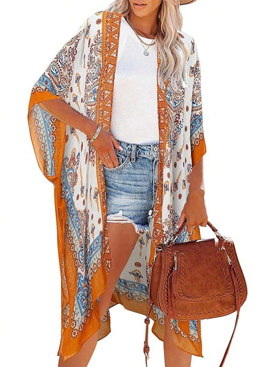 Beautiful Nomad Women's Vacation Kimono Cover Up With Cashew Print & Batwing Sleeves