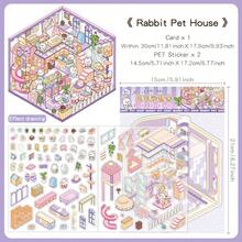 Pegatinas escénicas 3D, pegatinas de escena en miniatura 3D hechas a mano de dibujos animados, 2 hojas de pegatinas de mascotas + 1 hoja de cartón escénico, útiles escolares, de vuelta a la escuela