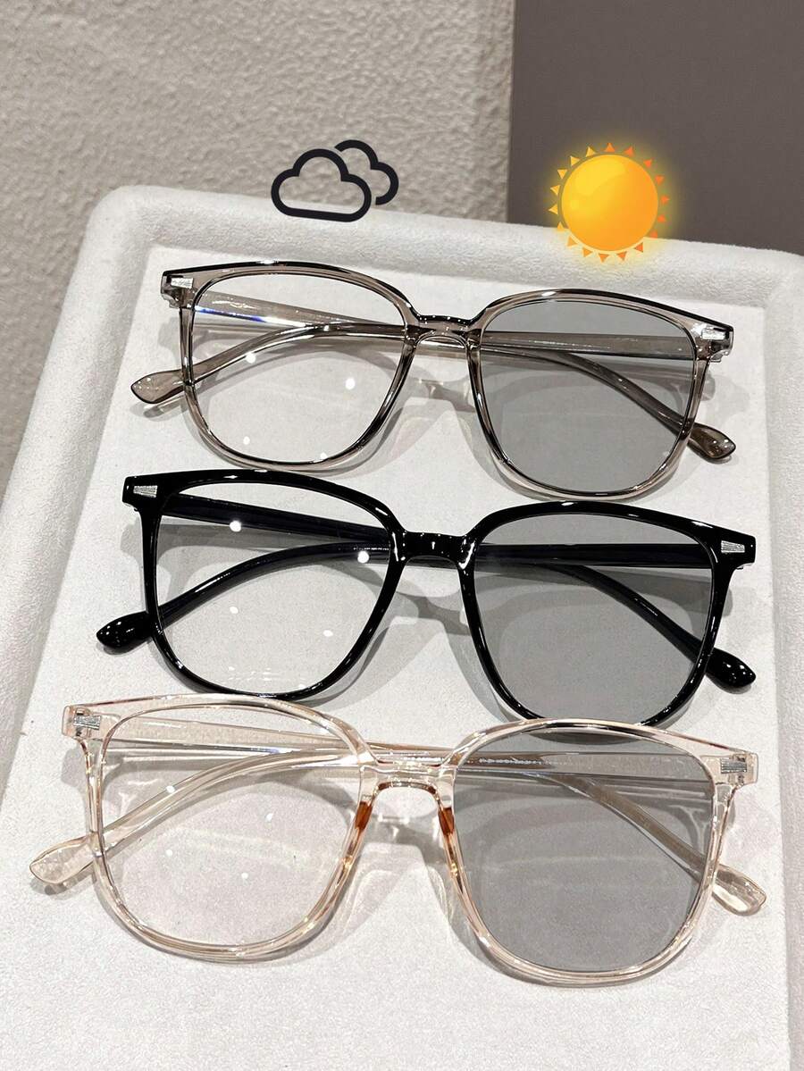 Set de 3 gafas de montura cuadrada clásica y minimalista con incrustaciones de plásico de unicolor, accesorios de moda para verano, playa, vacaciones, al aire libre y viajes