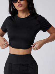 1pc Women Classic Black Round Neck Short T-Shirt - Knit Fabric, 220g/M², 86% Polyester 14% Spandex, Medium Stretchiness, Comfortable, Essential For Workout, Yoga, Casual Outing, Suitable For All Seasons