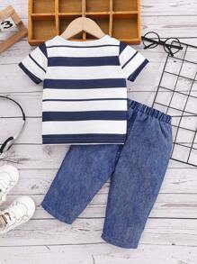 2 Stücke Baby Jungen Lässig Gestreiftes Kurzarm Top und Denim-ähnlich bedruckte Lange Hose Outfit, Sommer