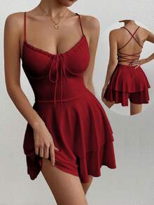 1pc Y2K Sexy Backless Drawstring Tie-Up Dress, Elegant Pleated Skirt Jumpsuit Suitable For Bar, Party, Home, And Graduation Ceremony, European & American Cross-Border Style 2025 - Burgundy - View 3