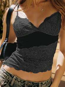 Women Summer Lace Camisole Casual Irregular Patchwork V-Neck Spaghetti Straps Tank Tops Sleeveless T-Shirt - 黑色 - 查看 6