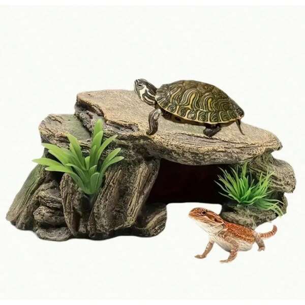 Realistic Resin Turtle Sundeck - Artificial Rock Sanctuary & Terrarium For Reptiles, Frogs & Turtles | Easy-To-Install Aquarium Ornament With Natural Rock Texture And Green Moss Cover, Turtle Habitat Decor