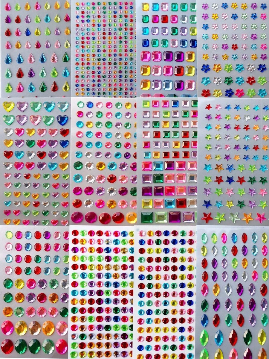 Nayiben 12pcs Colored Rhinestone Stickers, Various Shapes Of Plastic-Made Diamond Stickers, 3d Stereo Beauty Stickers For Makeup, Decorating Hair, Face, Nails, Pendants, And Gifts - Multicolor - View 1