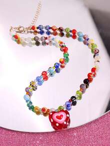 1 件彩色串珠红心吊坠项链，可爱海滩度假风格女士珠宝（珠子颜色随机，位置各异） - 彩色 - 查看 5