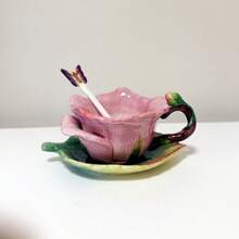 1 Set Handpainted Floral Ceramic Tea Cup & Saucer, 3D Sculpted Rose, Tulip, Daisy Flower Coffee Mug, 1pc 150ml(5oz) Cup With Handle, 1pc Leaf Plate, 1pc Butterfly Spoon, Unique Home Decor, Valentines, Mother's Day, Christmas Gift