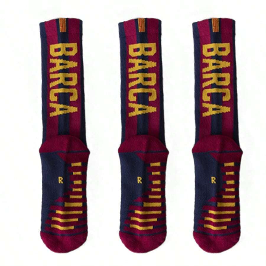 3 Pairs Barcelona Red Men's Professional Football Socks, Anti-Slip Training Socks With Terry Fabric Bottom, Mid-Calf Sports Socks