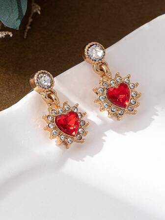 1 par de elegantes y delicados pendientes de mujer con forma de corazón y diamante, de estilo minimalista