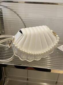 优雅的人造贝壳仿珍珠压花翻盖包，优雅的贝壳包，非常适合派对、婚礼、晚宴和宴会，适合搭配婚纱、正装、舞会礼服、生日服装和女士派对服装 - 白色 - 查看 6