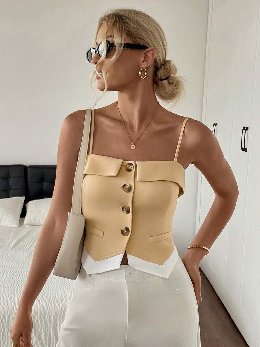 2025 Summer Fashion Color Block Hem Casual Front Button Blazer Top Women - Khaki - View 1