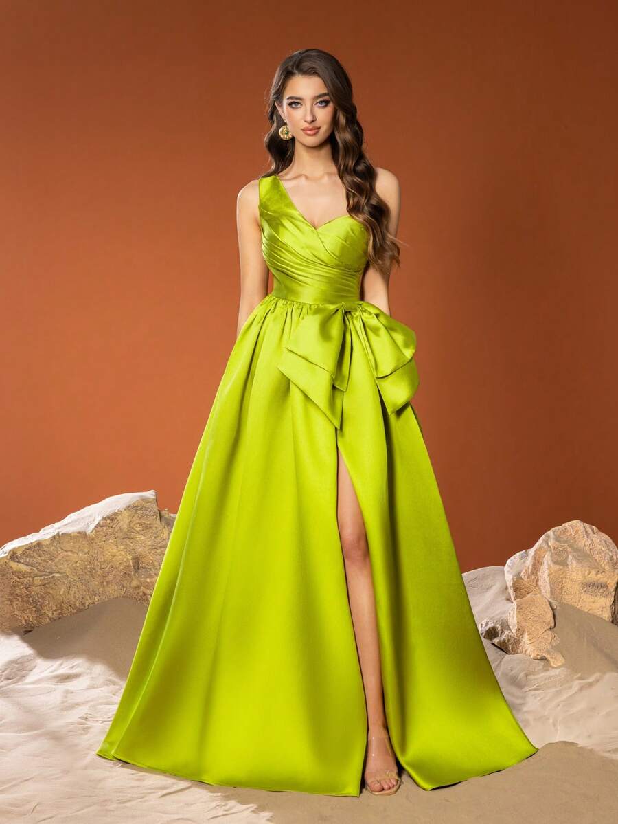 Faeriesty Elegant Satin One-Shoulder Formal Dress, Featuring Eye-Catching 3D Bow Accent And Ruched Fitted Bodice - A-Line Skirt With Flowing Silhouette, Cinched Waist To Highlight Waistline, Floor-Length Gown For Graceful Look, Ideal For Formal Occasions Like Galas And Birthdays - Green - View 1