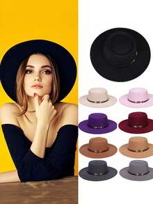 1 pieza Sombrero de fieltro unisex de ala ancha y corona hundida, sombrero de copa redondo estilo francés, sombrero de iglesia de ala ancha, británico retro, adecuado para salidas, vacaciones, playa, uso diario, primavera/verano - hebilla del cinturón - Ver 9