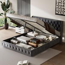 Upholstered Bed 140x200cm 160x200cm 180x200cm Hydraulic Double Bed With Slatted Frame And Storage Space Youth Bed Storage Bed Velvet Headboard Euro Bed Grey (Without Mattress) - 深灰色 - 查看 3