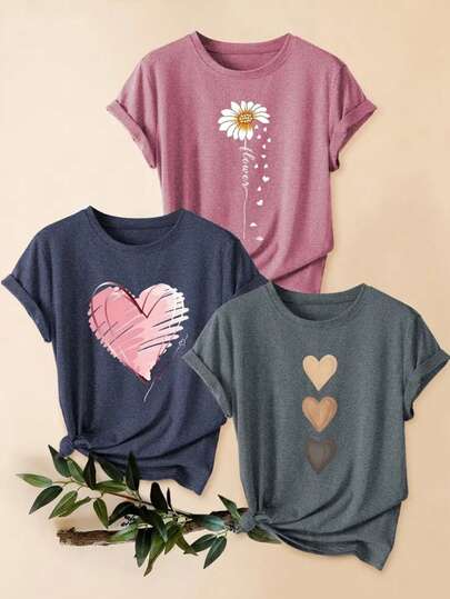 3pcs Plus Size Women's Vintage Floral & Heart Print Casual T-Shirts, Soft & Stretchy, Round Neck Short Sleeve Tees, Essential For Spring/Summer Wardrobe