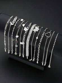 13 Pcs/Set Boho Style Love, Heart, Butterfly, Rhinestone, Airplane Charm Chain Anklet Set, Suitable For Women As Summer Beach/Party/Date/Daily Wear Gift - Silver - View 3