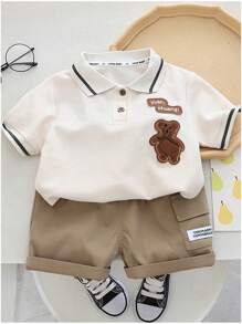 2pcs/Set Young Boy Summer Outfit, Letter Print Polo Shirt And Shorts, Casual For Outing