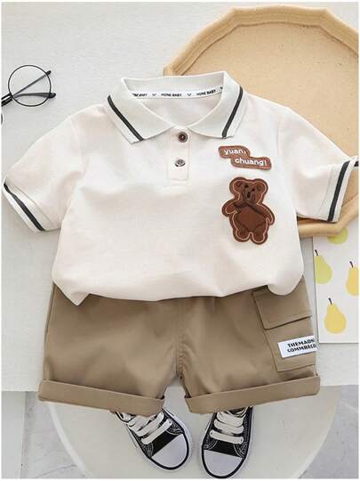 Set de 2 piezas Conjunto de verano para niño, camisa polo estampada con letras y shorts, casual para salidas