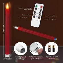 24 Pack Red Flameless Taper Candles In Candleholders With Remote Timer , LED Candlesticks Flickering, Battery Operated Candles, 10.6 Inches For Home Christmas Wedding Celebration Decor  Halloween Home Decoration - 紅色 - 查看 6