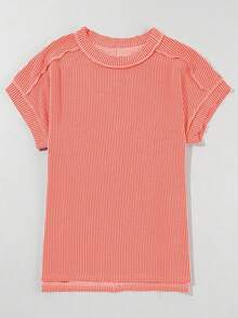 Acelitt Áo thun tay ngắn cổ tròn họa tiết kẻ sọc màu trơn đơn giản, mùa hè - Màu Cam san hô - Xem 5