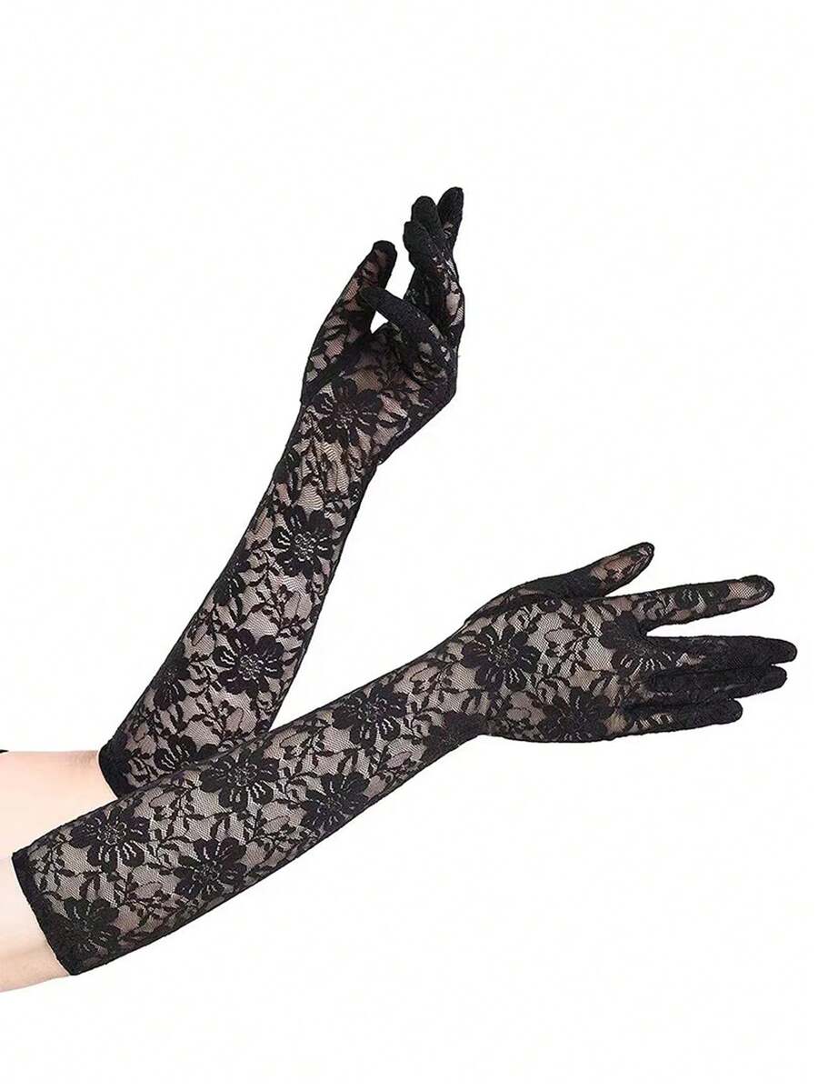 Black Vintage Lace Long Fingerless Gloves, Sexy Mesh Short Bride Gloves For Wedding Photography Props, White Bridal Arm Sleeves Autumn Accessories - Black - View 1