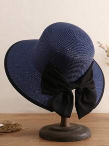 Chapeau de paille pour femmes, grand bord pliable avec nœud papillon, ouverture sur le dessus pour queue de cheval, style unique et chic, mode coréenne pour l'été