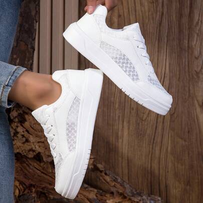Women's Casual Small White Shoes, Lace-Up Soft Bottom Quilted Skate Shoes, Low-Top Comfortable Breathable Running Sneakers