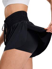 Women's 2-In-1 High Waist Running Shorts With Pocket Drawstring, Lightweight Golf, Tennis, Yoga Shorts, Sweat-Absorbing And Quick-Drying Fitness Skirt Shorts. - 黑色 - 查看 4