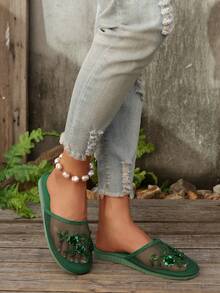 深绿色女士穆勒拖鞋，半覆盖网眼刺绣露背一脚蹬平底鞋，优雅休闲室内/户外透气舒适平底凉鞋 - 墨綠色 - 查看 5