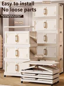 Foldable Multi-Tier Storage Box, Double Door Storage Cabinet For Clothes, Books, Snacks In Bedroom, Living Room, Cream Color