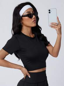 1pc Women Classic Black Round Neck Short T-Shirt - Knit Fabric, 220g/M², 86% Polyester 14% Spandex, Medium Stretchiness, Comfortable, Essential For Workout, Yoga, Casual Outing, Suitable For All Seasons