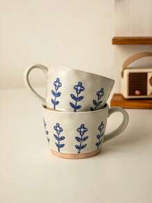 1 Stück/2 Stücke blaue Blumen Kaffeetasse, künstlerischer INS Stil Latte Art handbemaltes Blumen Design, hochwertige Keramik Trinkbecher für Café, Restaurant, Zuhause, Rückkehr zur Schule, Geschenk, Kaffee Ecke