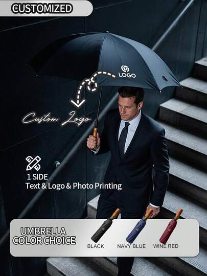 [Minimum Order Quantity: 1pc] 10-Rib Dual-Canopy Automatic Windproof Umbrella | Hardwood Handle Business Umbrella For Rain And Shine | Customizable Logo/Text/Image | Reinforced UV-Resistant Compact Umbrella Summer Cooling,Beach,Travel