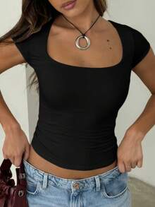 Women Square Neck Going Out Crop Tops Short Sleeve T Shirts Summer Cute Clothes Basics Tees - Black - View 5