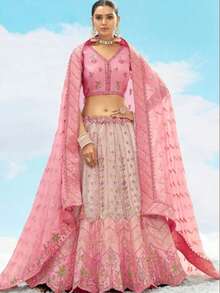 Elegant Baby Pink Silk A-Line Bridal Lehenga Choli With Embroidered Dupatta - Baby Pink - View 1