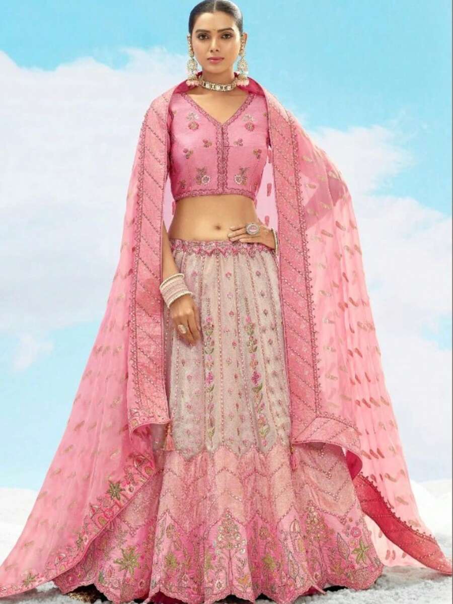 Elegant Baby Pink Silk A-Line Bridal Lehenga Choli With Embroidered Dupatta - Baby Pink - View 1
