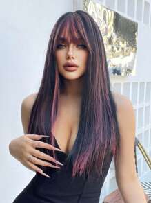 1-Piece Synthetic Heat-Resistant Black-Brown Ombre With Multicolor Highlights 24 Inches Long Fully Machine-Woven Natural And Realistic Long Curly Wig With Bangs.