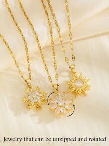 1pc Gold Elegant Fashion Sunflower Snowflake Eight-Petal Flower Man-Made Zirconia Pendant Stainless Steel Necklace For Girls Summer Daily Wear, Summer Holiday Beach Party Dance Travel Decoration Jewelry For Holiday Birthday To Give Her/Him A Beautiful Gift