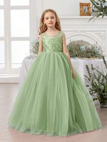 Vestido elegante verde menta con moño para niña preadolescente, vestido de niña de las flores elegante para adolescentes, adecuado para bodas, fiestas, cumpleaños, bailes de graduación y otras ocasiones formales - verde menta - Ver 3