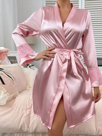 1pcWomen's Black New Long Sleeve Casual Comfortable Breathable Sexy Tie Home Bathrobe,Four Seasons Home Bathrobe,Summer Bathrobe,Autumn Bathrobe,Winter Bathrobe Back To School