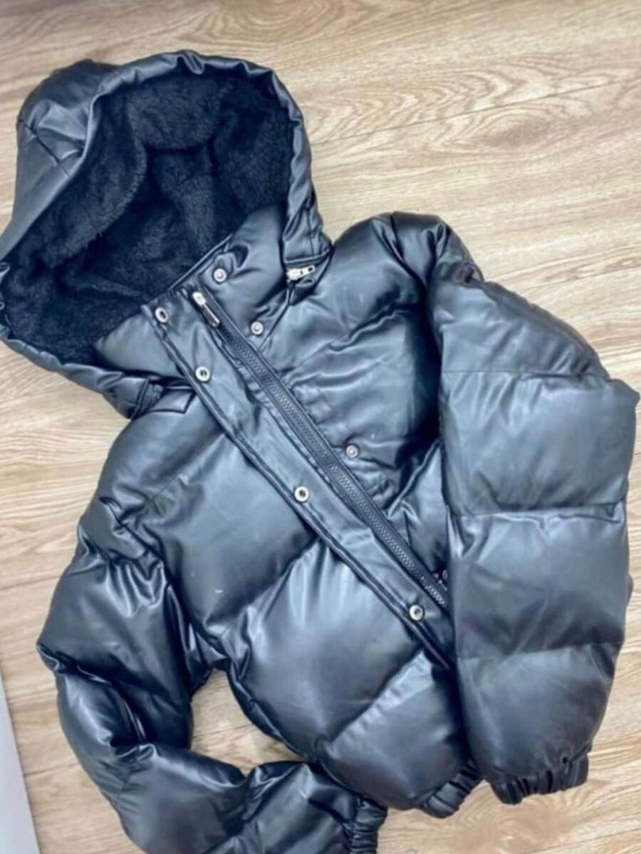 Women's Puffer Zipper Leather Jacket Fashion Blogger Thick And Lined - Black - View 1